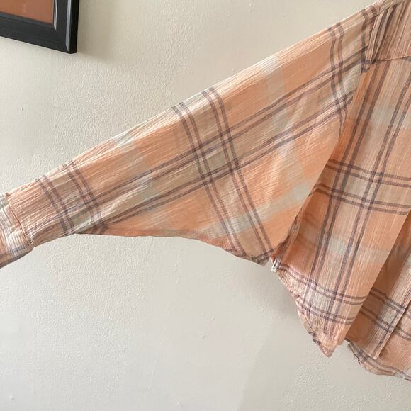 Free People Cutie Plaid Button-Up Shirt Womens XS Peachy Casual Cropped Top - Picture 4 of 8